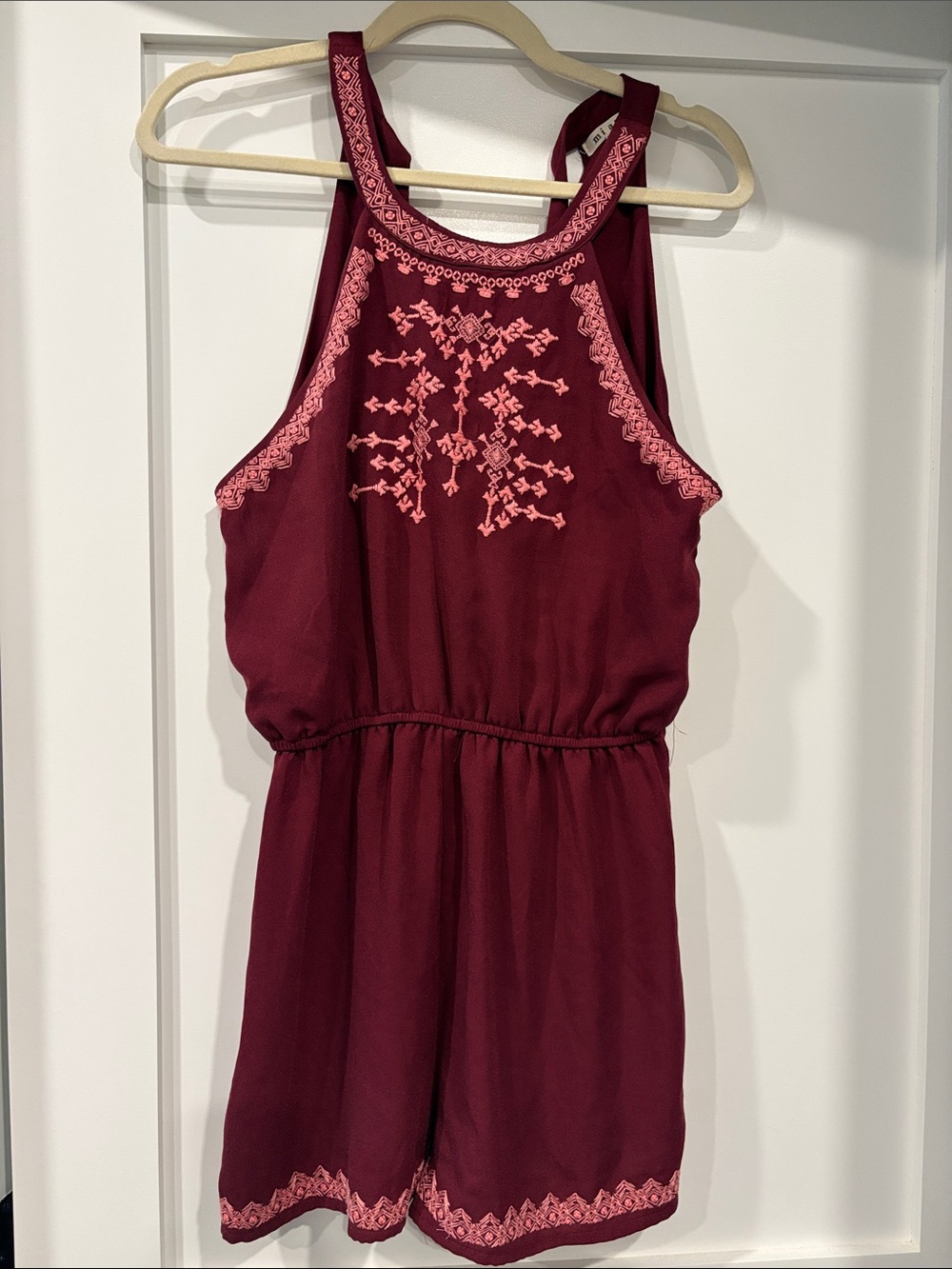 miami Burgundy Romper with Pink Embroidered Trim